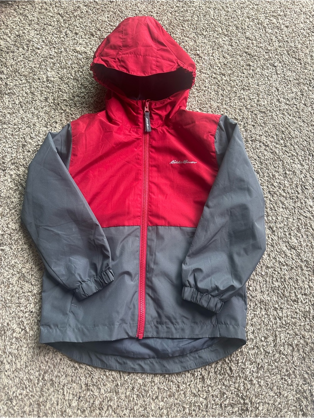 Eddie Bauer Kids Hooded Colorblock Rain Jacket in Red and Gray